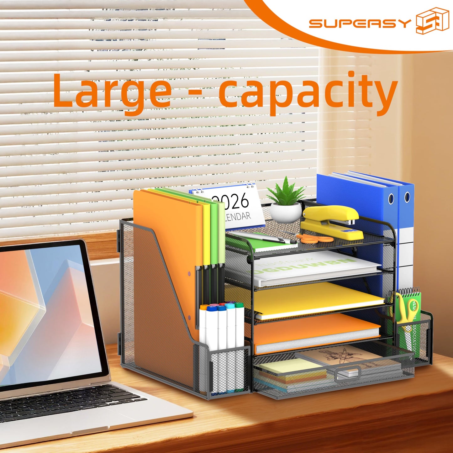 SUPEASY Mesh Desk Organizer with File Holder, 5-Tier Paper Letter Tray Organizer with Magazine Holder, Desktop Organizer and Storage with Drawer for Office Supplies Home or School (Black)