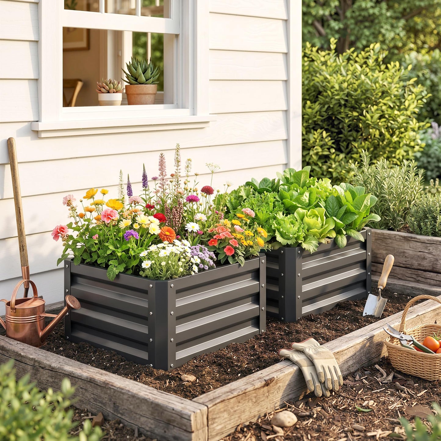 Outsunny 2 Piece Galvanized Raised Garden Bed, 2' x 2' x 1' Metal Planter Box for Growing Vegetables, Flowers, Herbs, Succulents, Dark Gray