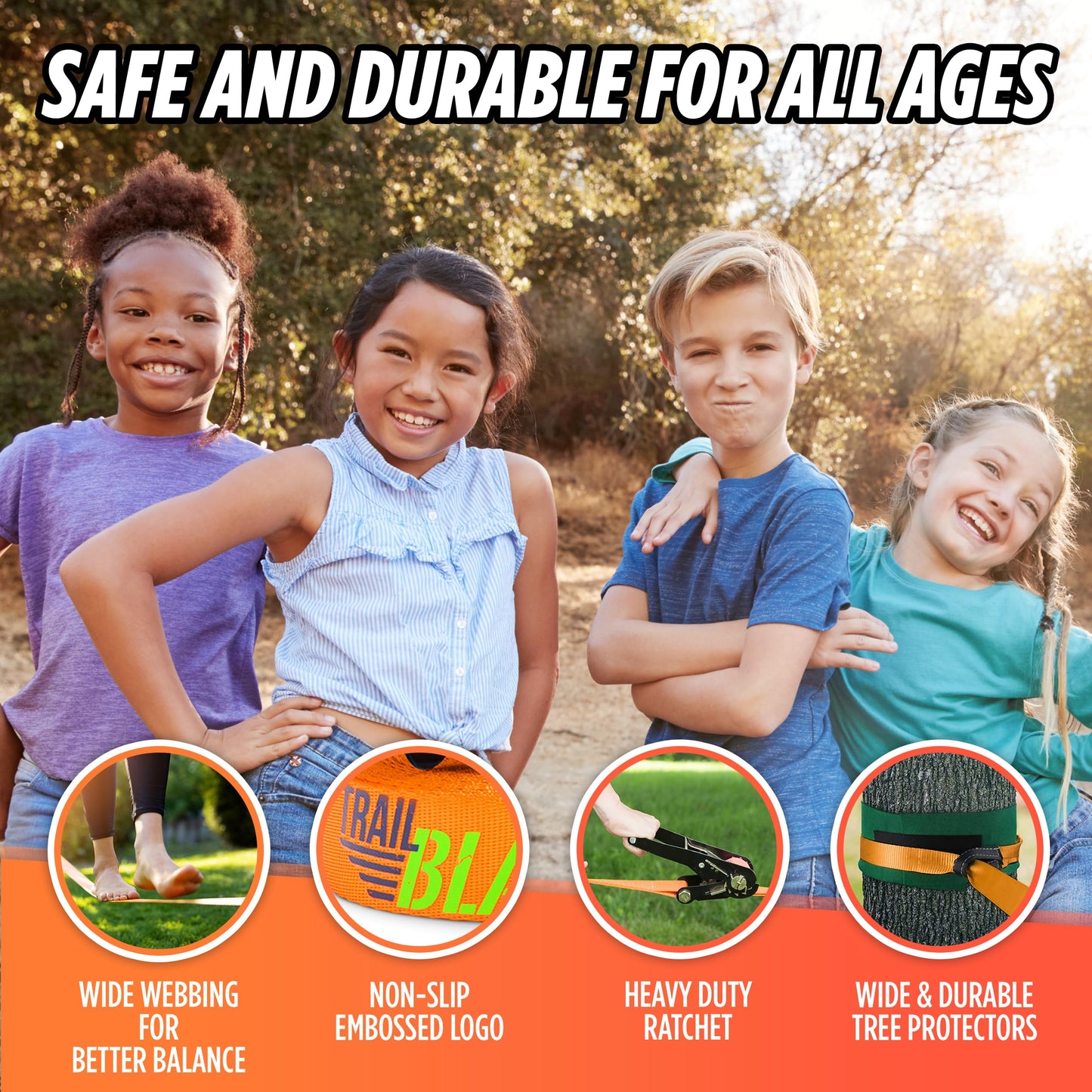 Complete Slackline Kit with Training Line - 60ft Slack Lines for Backyard for Kids and Adults, Wider Tree Protectors - Ninja Slackline Kit for Kids Outdoor Play Equipment (Complete Kit - Orange)