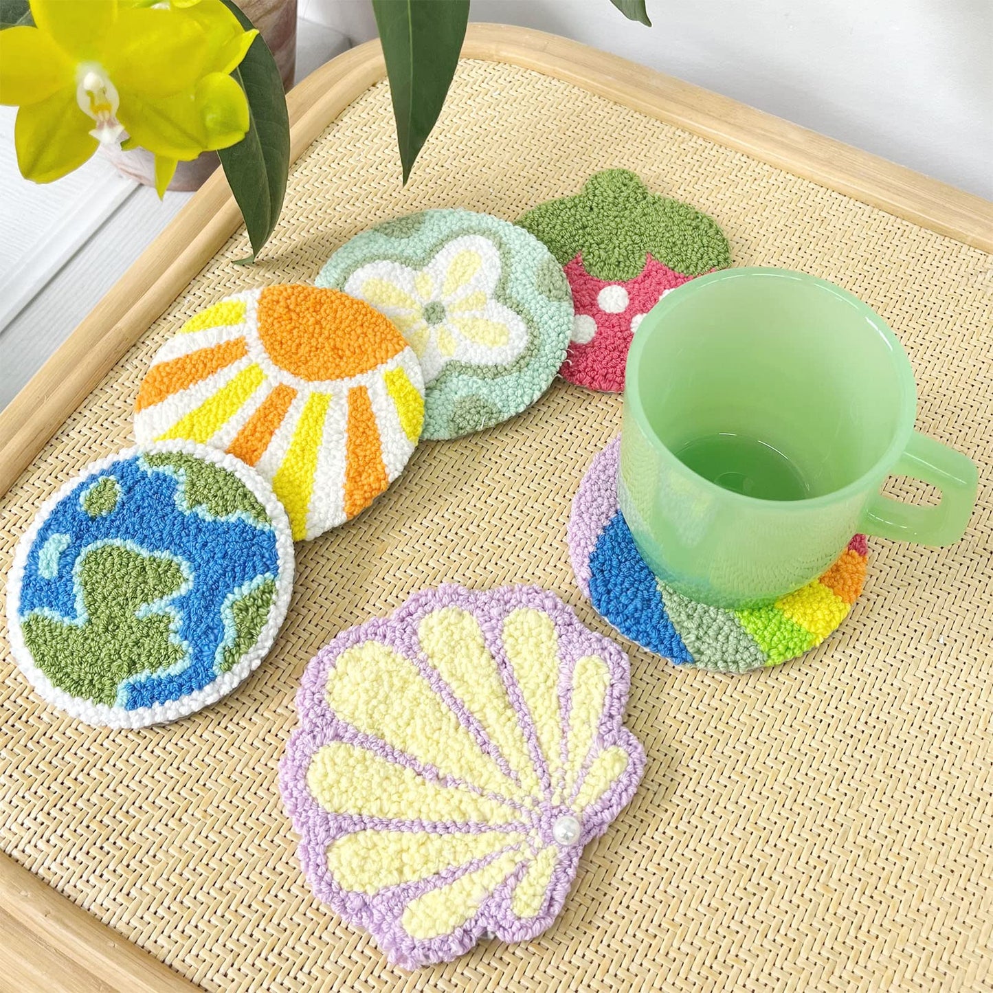 HAND U JOURNEY Craft Punch Needle Coasters Kit - 6 Patterns with Adhesive Felt, Yarns, Embroidery Hoop - Perfect for Adults, Beginners, and Starter with Instructions