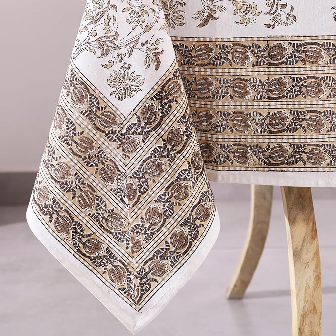 Labhanshi Indian Handblock Print Pre-Washed Cotton Floral Table Cloth|Reusable Rectangle 72x108 Inch 8-Seater Dining Tablecloth|Spring Easter Festive Decorative Table Cover|Beige Brown