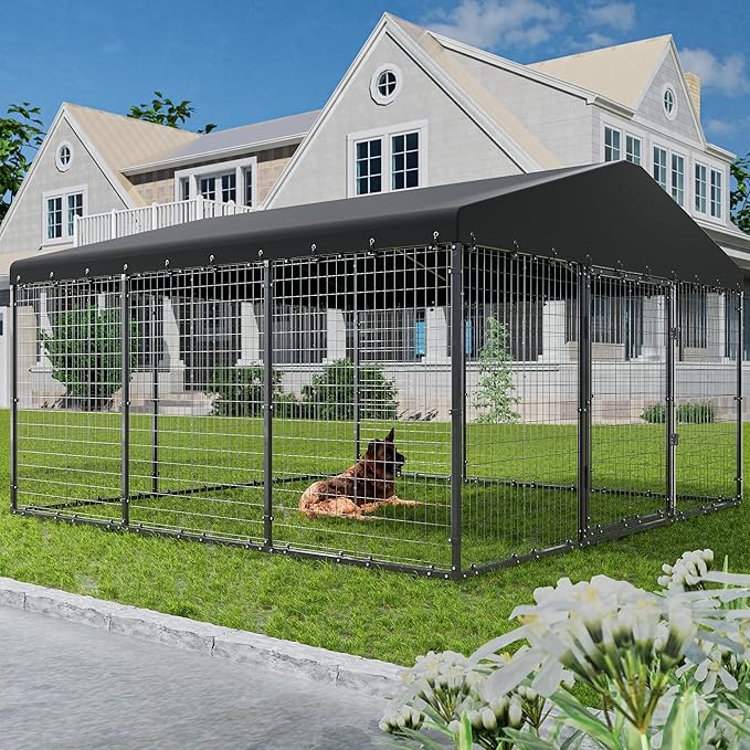 ASJMR Dog Kennel Outdoor, 10x10x6 FT Heavy Duty Dog Pens Outside with UV & Water Resistant Roof, Large Dog Fence for Yard Metal Chicken Run with Double Locks