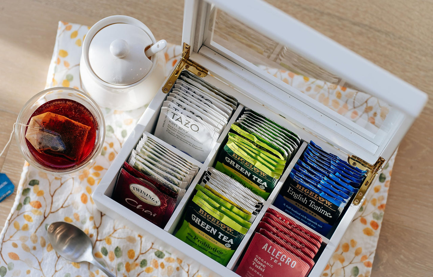 Break Tradition Wooden Tea Organizer For Tea Bags - Wooden Tea Chest With 6 Compartments - Clear Top Window - Lid Stays Open (White)