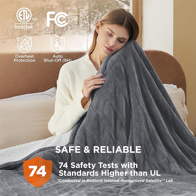 Bedsure Electric Blanket Queen Size - Dual Control Heated Blanket Queen, GentleSoft Fast Heating with 10 Time Settings & 10 Heat Settings, Warm Gift for Grandma (84x90 inches, Grey)