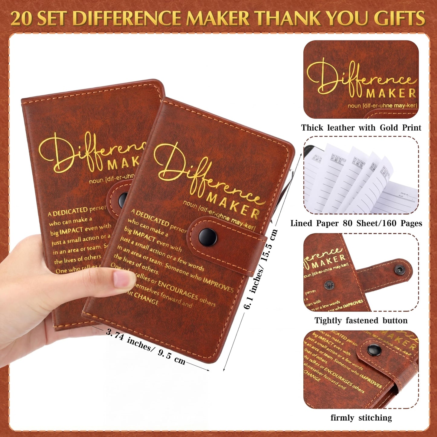 Honoson 20 Sets Difference Maker Teacher Appreciation Gifts Bulk Motivational Notebooks with Bamboo Pen Nurse Appreciation Gifts for Employee Coworker Team Staff Boss Graduation