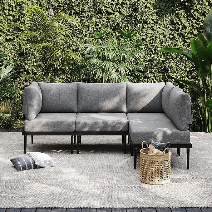 Sundale Outdoor 4 Pieces Patio Furniture Set, Metal Sectional Sofa Patio Conversation Set with 6 Inch Cushions, Modern Patio Corner Couch for Balcony, Porch, Sunroom | Modular, Waterproof, Anti rust