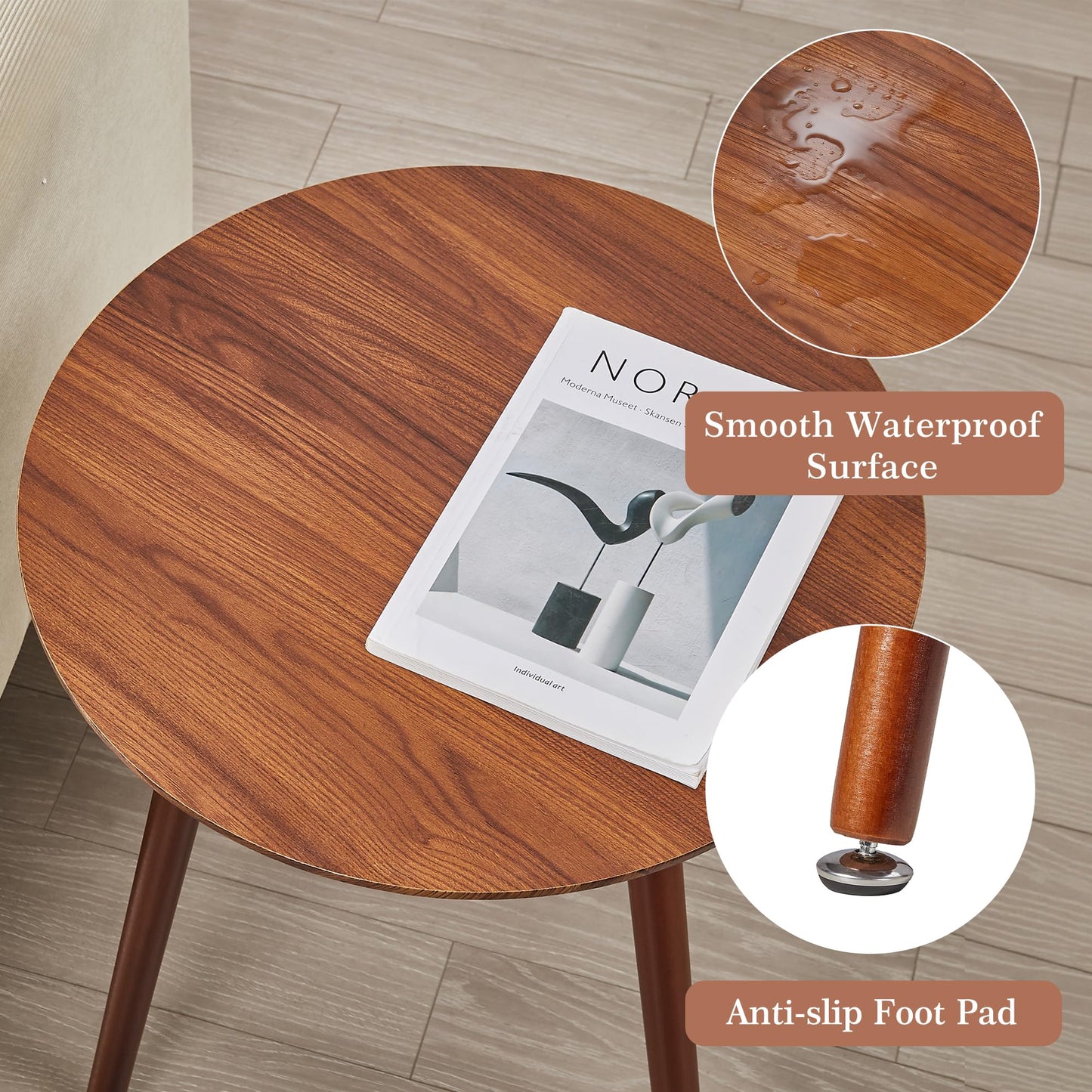 VECELO Round Side Table, Small End Table for Indoor Outdoor, Wooden Bedside Table with Non-Slip Foot Pads, 3-Legged Nightstand for Living Room Bedroom Bathroom, 20" x 20" x 23.8",Rustic Walnut