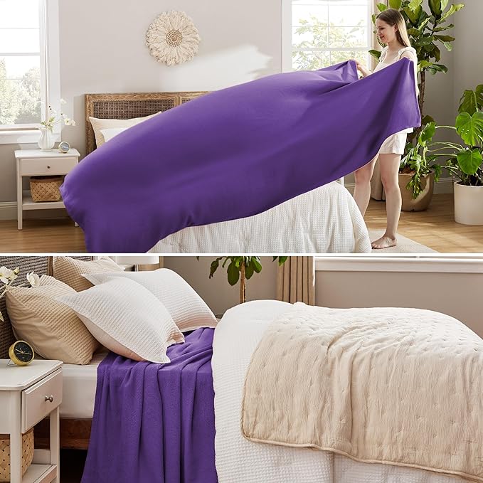 Bedsure 100% Cotton Blanket Queen Size for Bed - Breathable and Lightweight, Soft Cozy Textured Herringbone Woven Blanket for Summer Spring, Purple, 90x90 inches