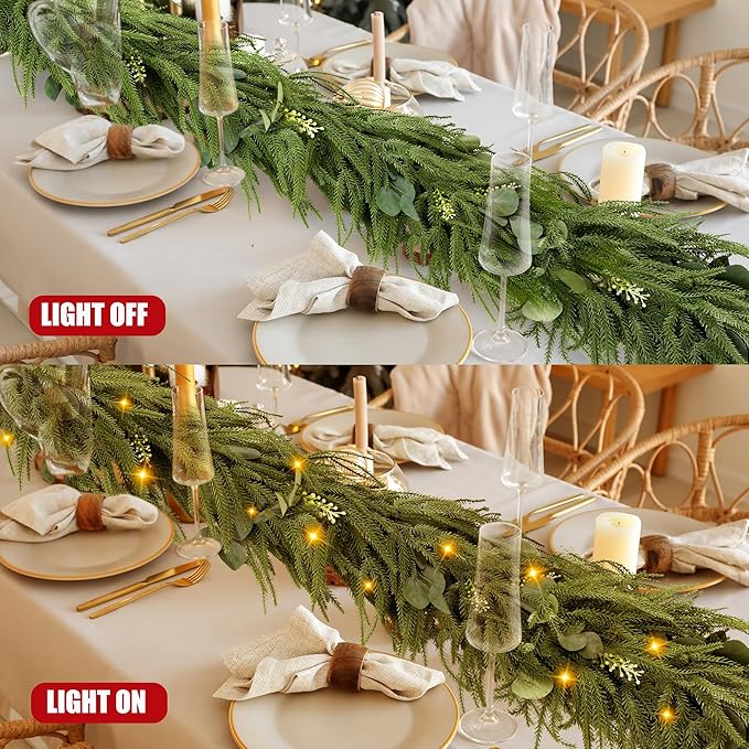 Sggvecsy 6Ft Christmas Fork Norfolk Pine Garland Artificial Christmas Garland Real Touch Pine Greenery with Eucalyptus for Table Wall Mantle Indoor Fireplace Home Holiday Decoration (2 Pack)