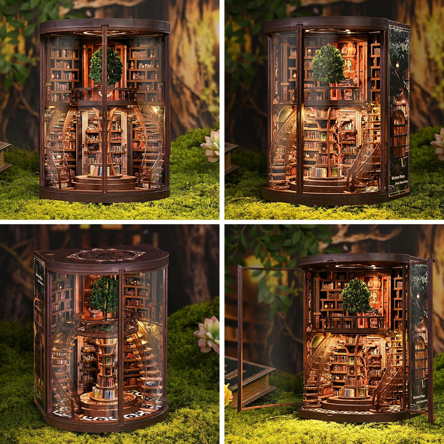 obzergem Book Nook Kit - Wisdom Rings Book Archive - Wooden Bookend and 3D Puzzle with LED Light, DIY Set for Adults, Bookshelf Decoration Diorama Kit, for Birthdays