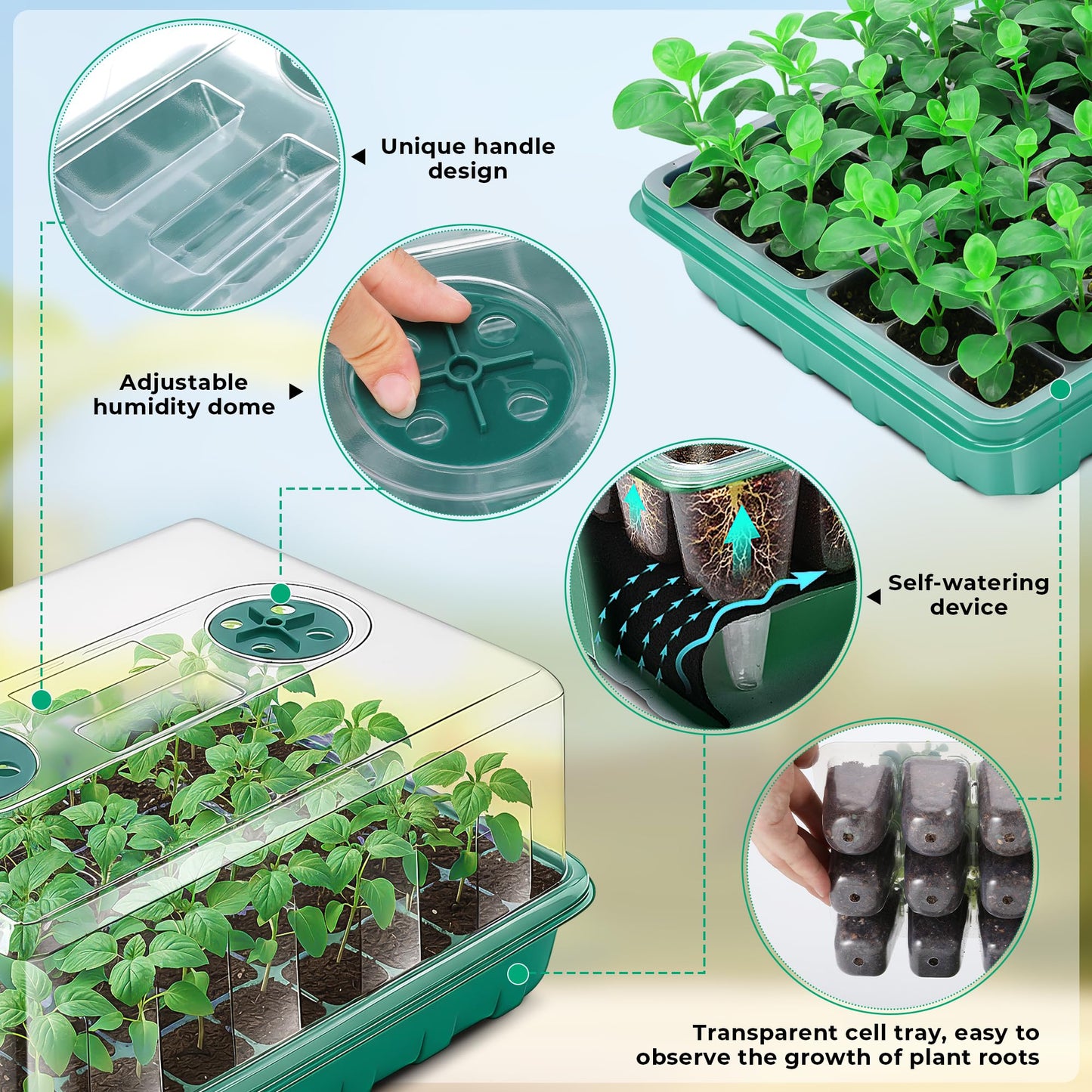 Hanaoyo Self-Watering Seed Starter Tray 2 Packs, 96 Cells Seed Starter Kit with Humidity Vented Domes and High Lid, Germination Kit for Indoor Greenhouse Seed Starter