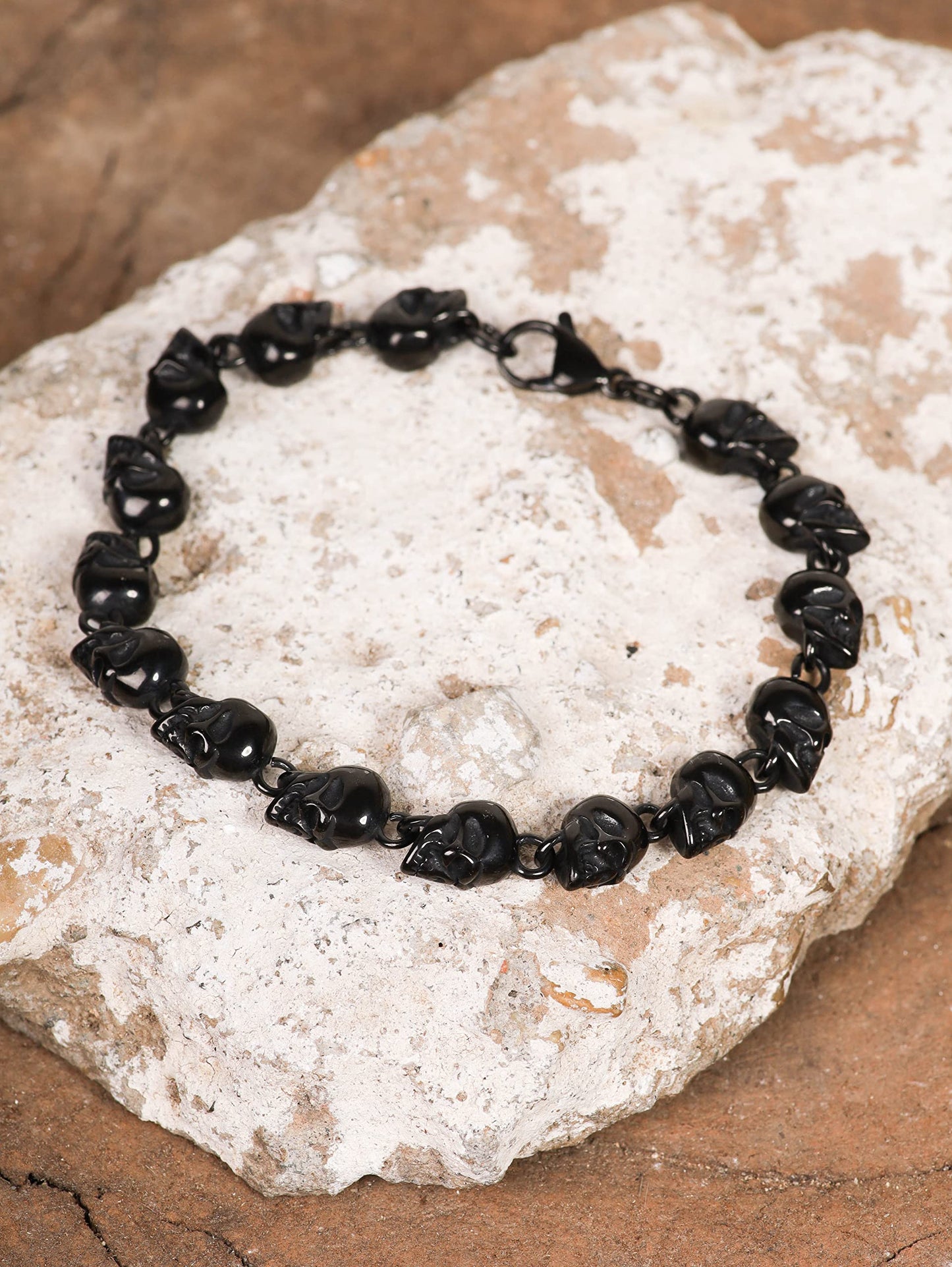HAQUIL Stainless Steel Black Plated Skull Bead Linked Bracelet for Men and Women, Skull Jewelry Gift