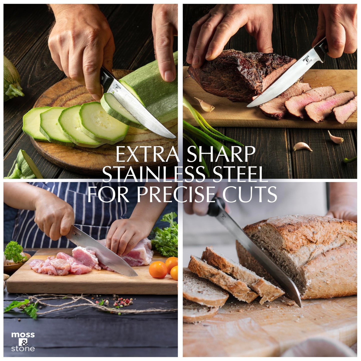Moss & Stone 14 Pcs Knife Block Set Stainless Steel, Premium Forged Kitchen Knives Set with High-Carbon Blades, Ergonomic Handle, Sharp Blade, Rust Resistant, Modern Style for Home & Chef, Black
