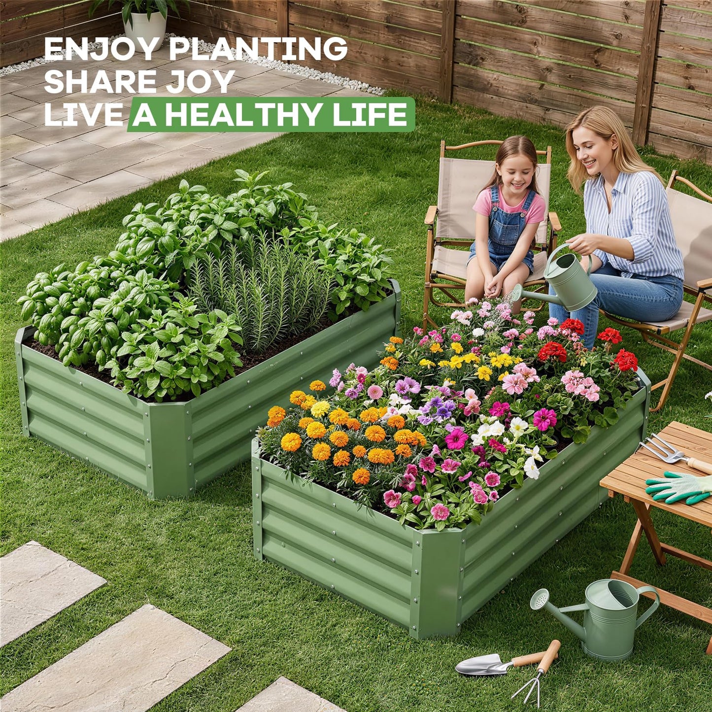 HEALSTOK Galvanized Raised Garden Bed Kits, 2 Pack Metal Planter Box Outdoor, 4x2x1ft Rectangular Steel Planter Bed for Vegetables, Fruits, Flowers, Herbs(Olive Green)
