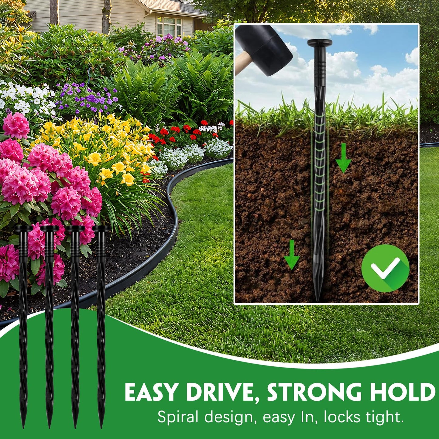 Garaook 100PCS 8-Inch Plastic Landscape Edging Stakes, Spiral Nylon Landscape Spikes, Anchoring Nails for Weed Barrier, Paver Edging, Landscape Edging, Artificial Turf, Grass Pathways, Black