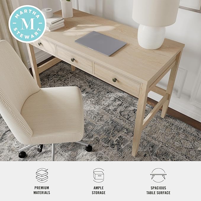 Martha Stewart Rhett Home Office Desk with 3 Drawers and Tapered Legs in Light Natural with Antique Bronze Hardware