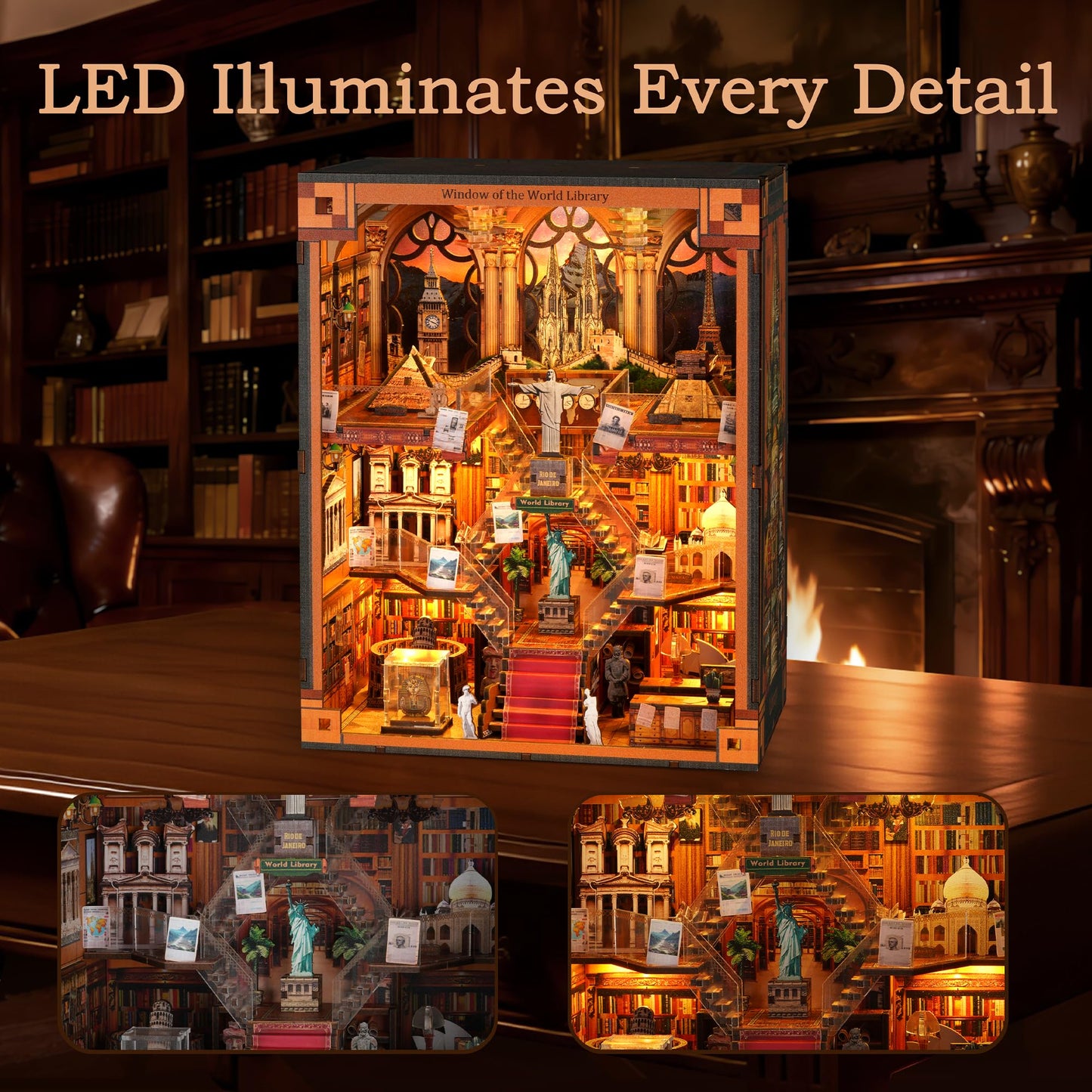 Book Nook Kit - DIY Miniature World Library Booknook - 3D Wooden Puzzle with LED Lights - Creative Bookshelf Insert & Educational Gift for Adults