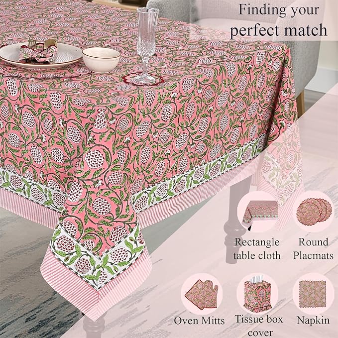Ridhi Hand Block Print Strawberry Pink Square Cotton Tablecloth 60" x 60" Reusable Table Cover Decorative Everyday Use for Dining, Farmhouse, Home Gift for Spring, Easter, Valentine