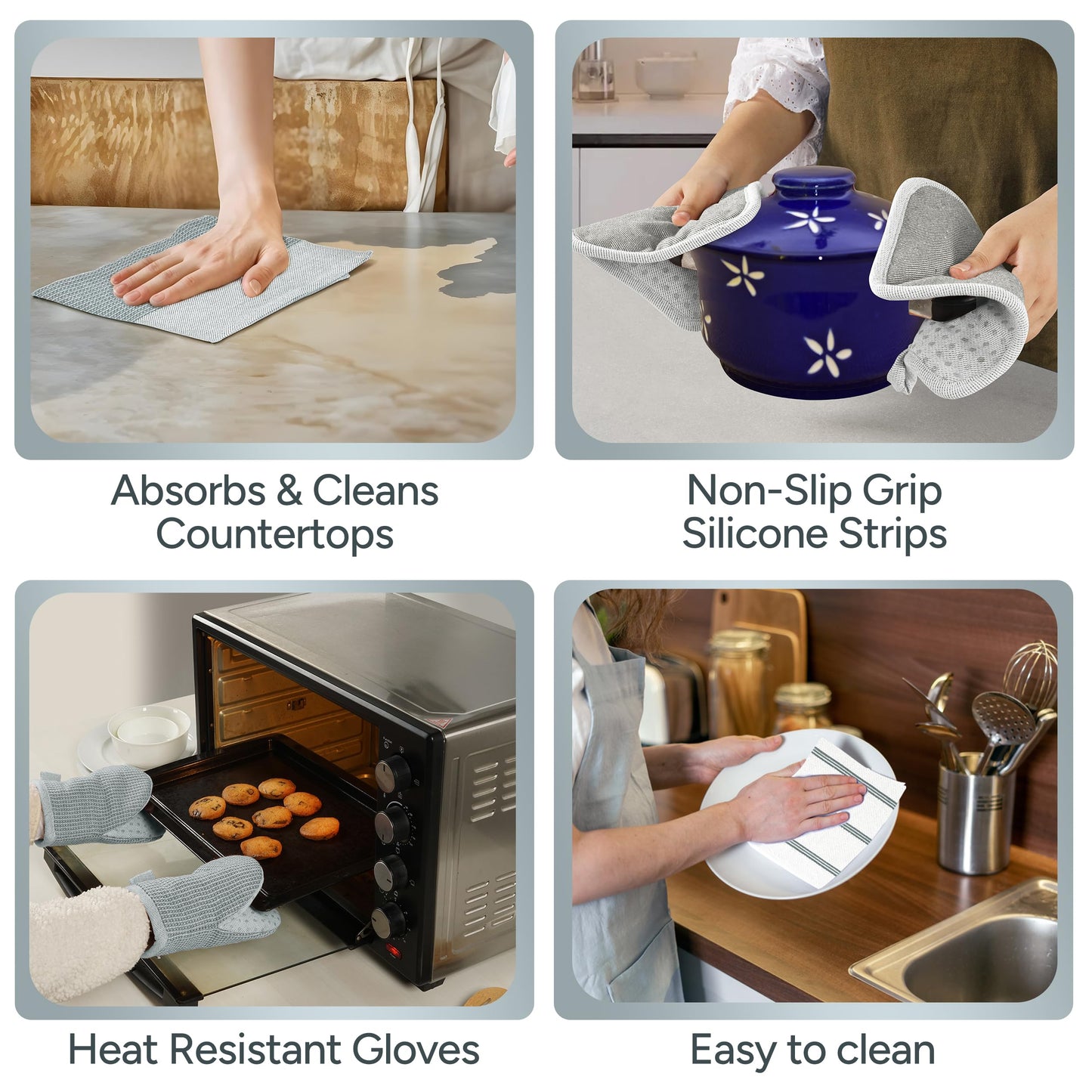 Casa Platino 8-Piece Mini Oven Mitt & Pot Holder Set – 500°F Heat Resistant with Silicone Grip, Includes 2 Kitchen Towels & 2 Dish Cloths for Drying – Non-Slip, Durable, Machine Washable – Grey