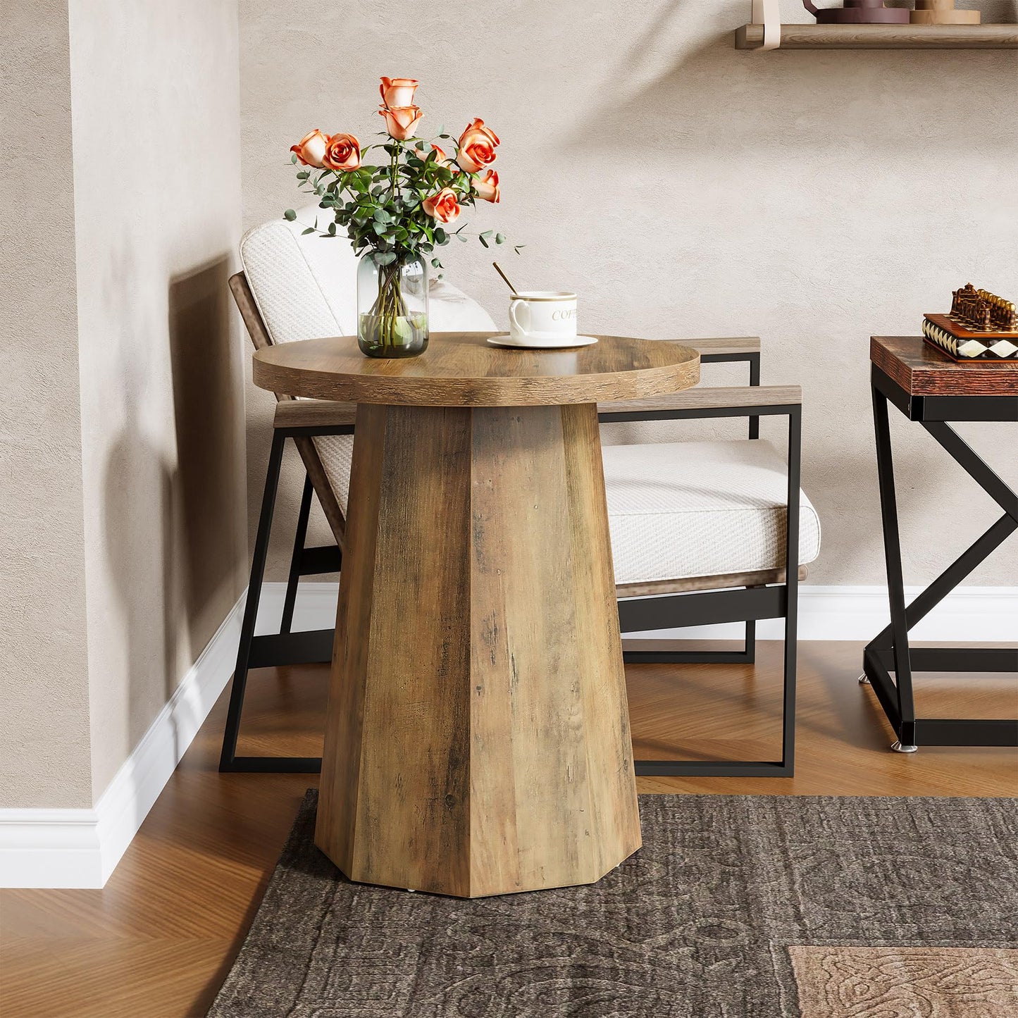 Tribesigns Round Pedestal End Table, Farmhouse Couch Side Table with Octagonal Base, Wooden Drink Stand Accent Nightstand (1, Rustic Brown)