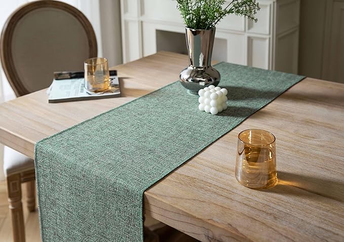 ZeeMart Green Table Runners 60 Inches Long, Burlap Linen Style Rustic Farmhouse Table Runner, Boho Woven Dining Table Runner, 13x60 Inches, Mineral Green