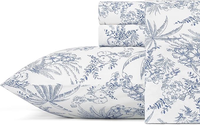 Tommy Bahama - Queen Sheets, Cotton Percale Bedding Set, Crisp & Cool, Stylish Bedding Set (Pen and Ink Palm Blue, Queen)
