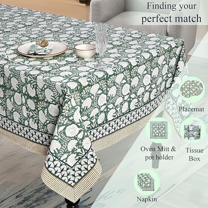Ridhi Hand Block Print Turquoise Moss Green Rectangle Cotton Tablecloth 120" x 80" Reusable Table Cover Decorative Everyday Use for Dining, Farmhouse, Home Gift for Spring, Easter, Valentine