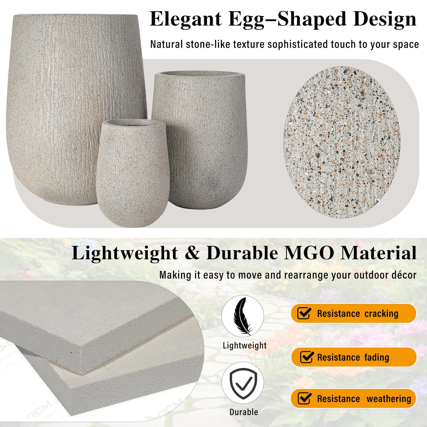 Modern Egg-Shaped Planter Set of 3, Lightweight MGO Stone Look Flower Pots with Drainage Holes & Rubber Plug for Indoor Outdoor Patio Garden Poolside Decor, Unique Textured Succulent Container