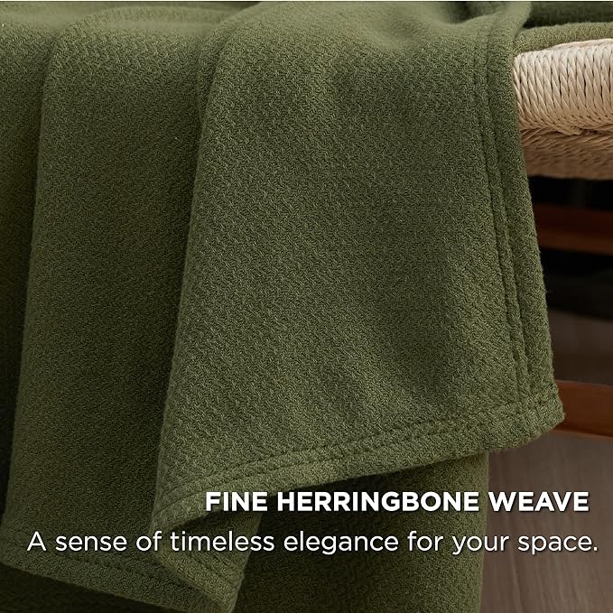 Bedsure 100% Cotton Blanket Twin XL Size for Bed - Breathable and Lightweight, Soft Cozy Textured Herringbone Woven Blanket for Summer Spring, Olive Green, 66x90 inches