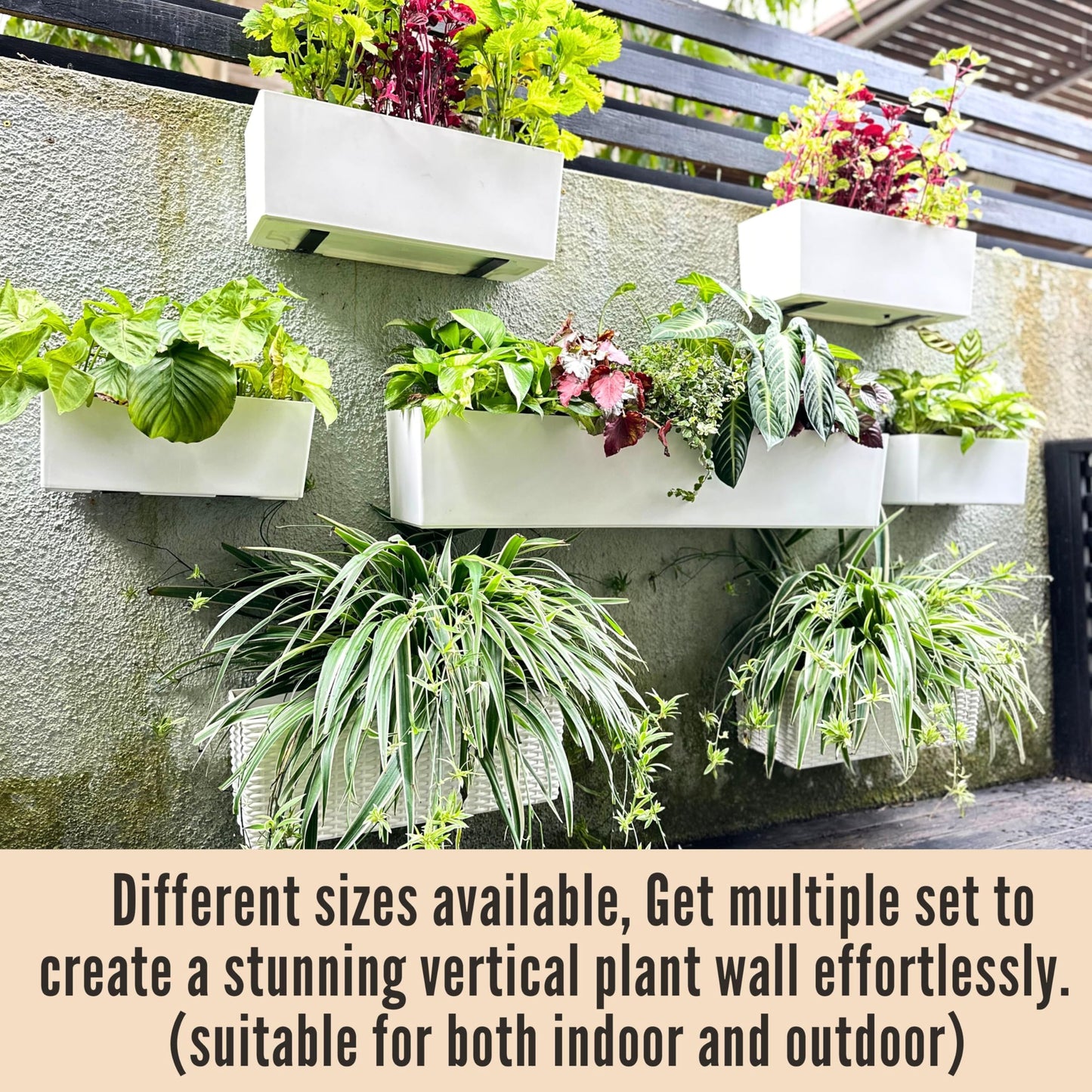 LaLaGreen Wall Planter for Outdoor (2 Pack, 14 Inch) Wall Mounted Self Watering System White Flower Box with Bracket, Window Wall Hanging Rectangular Plant Pot Container Indoor Modern Herb Kitchen