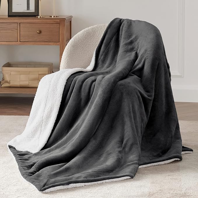 Bedsure Sherpa Fleece Throw Blanket Twin Size for Couch - Thick and Warm, Soft Fuzzy Plush Twin Blanket for Winter, Charcoal, 60x80 Inches