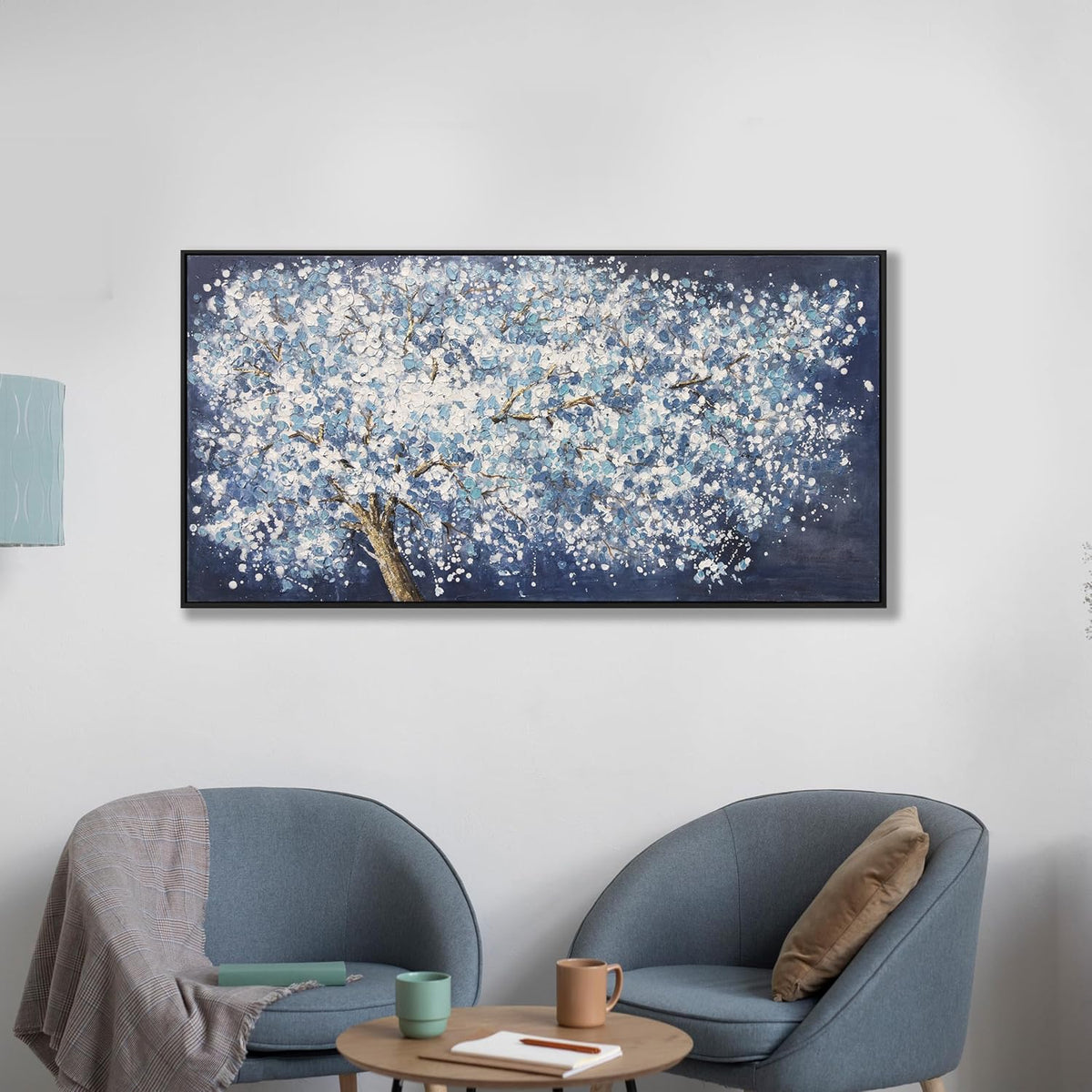 Modern Wall Art Nature Art Canvas Artwork Wall Decor Painting Dark Blue And White Abstract Tree Plants With Framed For Bedroom Living Room Dining Room Home Office Modern Abstract Artwork 24"×48"