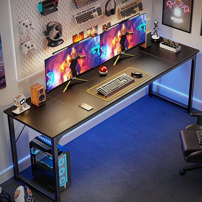 Huuger Computer Desk, 70 Inch Office Desk, Gaming Desk with Storage, Writing Desk Work Desk for Home Office, Study, Long Simple Desk, Large Legroom, Metal Frame, Black
