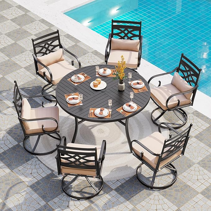 PHI VILLA 7 Pieces Outdoor Dining Set for 6, 54" Round Black Metal Table & Wrought Iron Swivel Chairs, Rustproof Large Outside Furniture with Cushions & Pillows for Patio, Deck, Porch