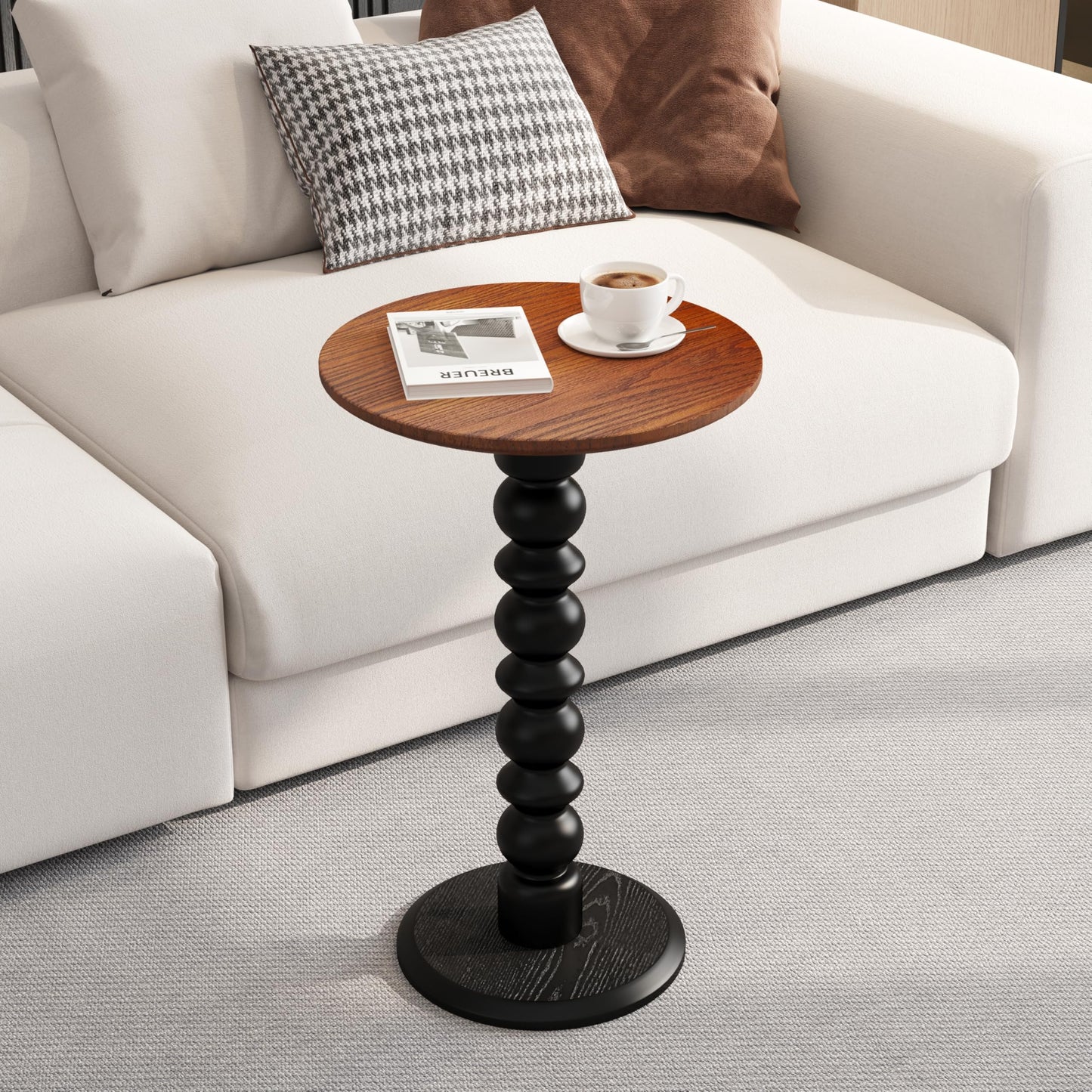 zaowofires Solid Wood Round Side Table, Small Drink Table,Cocktail Table, Wooden Pedestal End Table, Plant Stand for Living Room, Bedroom,Office and Corners (Walnut/Black, 11.8" W*21.65" H)