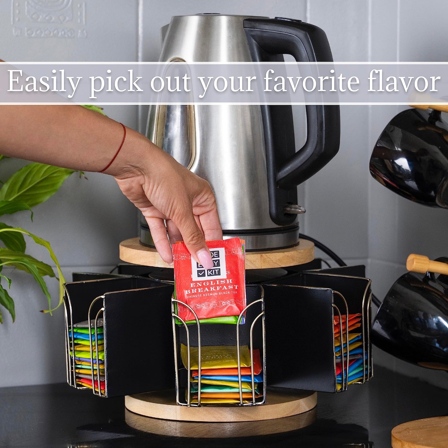 Made Easy Kit Metal Carousel Tea Bag Organizer & Kettle Stand Caddy- Modern Countertop Storage Solution for Tea Bags - Convenience for Home, Office, Kitchen (Black)