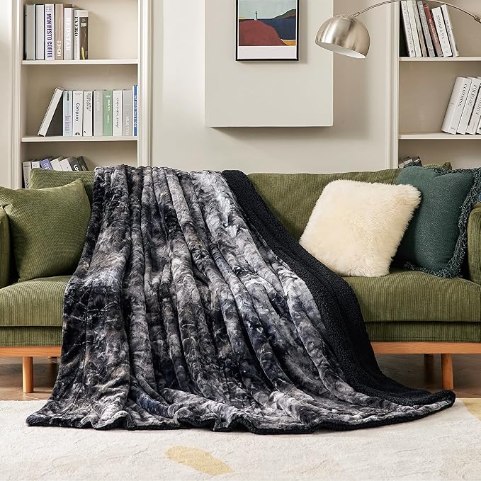 Bedsure Sherpa Blanket - Soft, Fuzzy & Fluffy Faux Fur - Warm, Cozy Throw Blanket for Couch, Sofa and Bed, Tie Dye Design, Black, 50x60 Inches