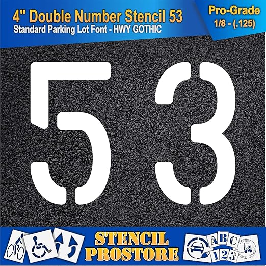 Pavement, Curb, and WheelStop Stencils - 4 inch Double Number Stencil - (53) - 4" x 5.5" x 1/8" (128 mil) - Pro-Grade