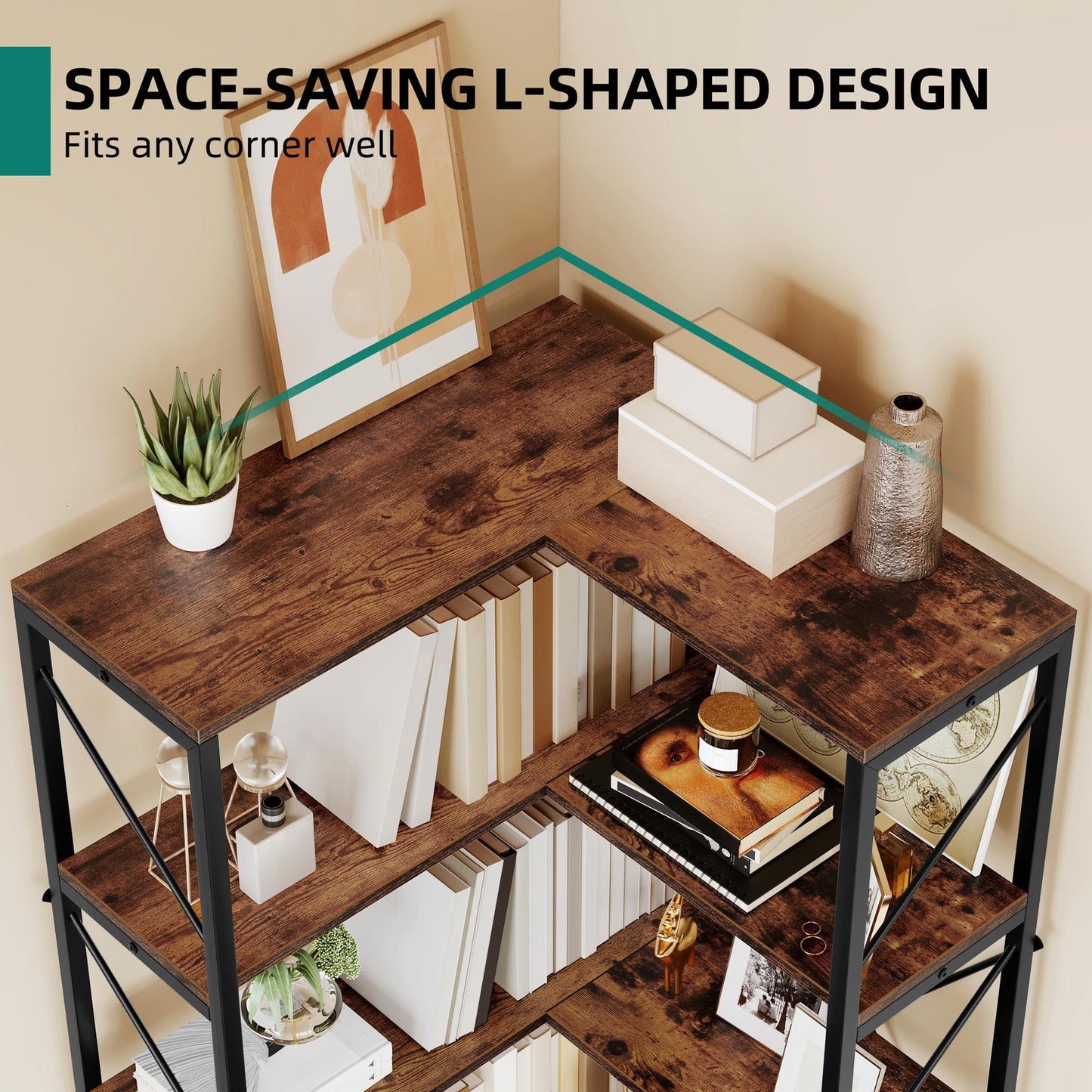 YITAHOME Corner Bookshelf, Industrial Corner Shelf 5 Tier Bookcase, Large Display Rack Storage for Bedroom, Living Room, Home Office,Rustic Brown