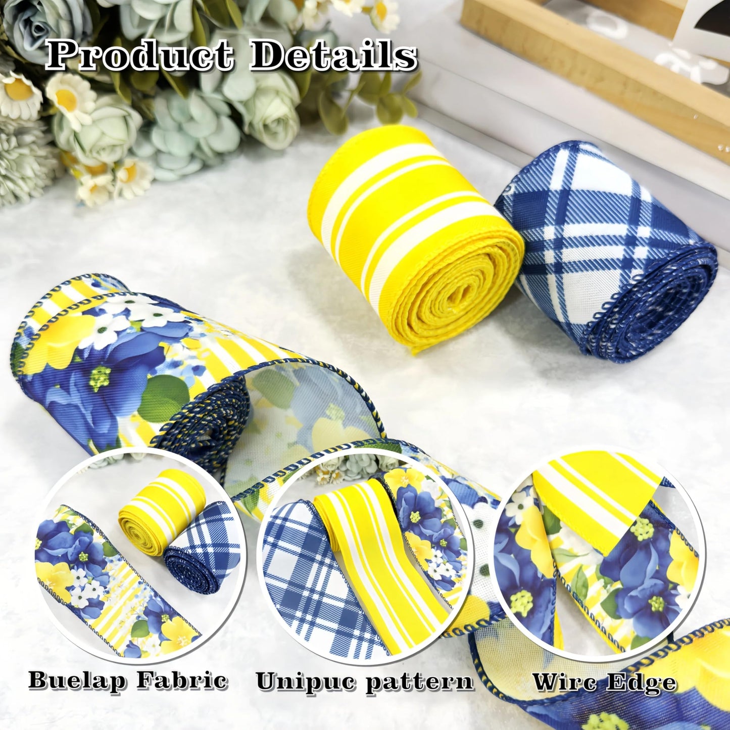 Spring Summer Blue Floral Wired Ribbon, Retro Yellow Blue Flower Ribbon for Bow Wreath Making DIY Gift Wrapping, Holiday Wedding Birthday Party Decorations, 3 Rolls, 2.5Inch,12 Yards (Blue)