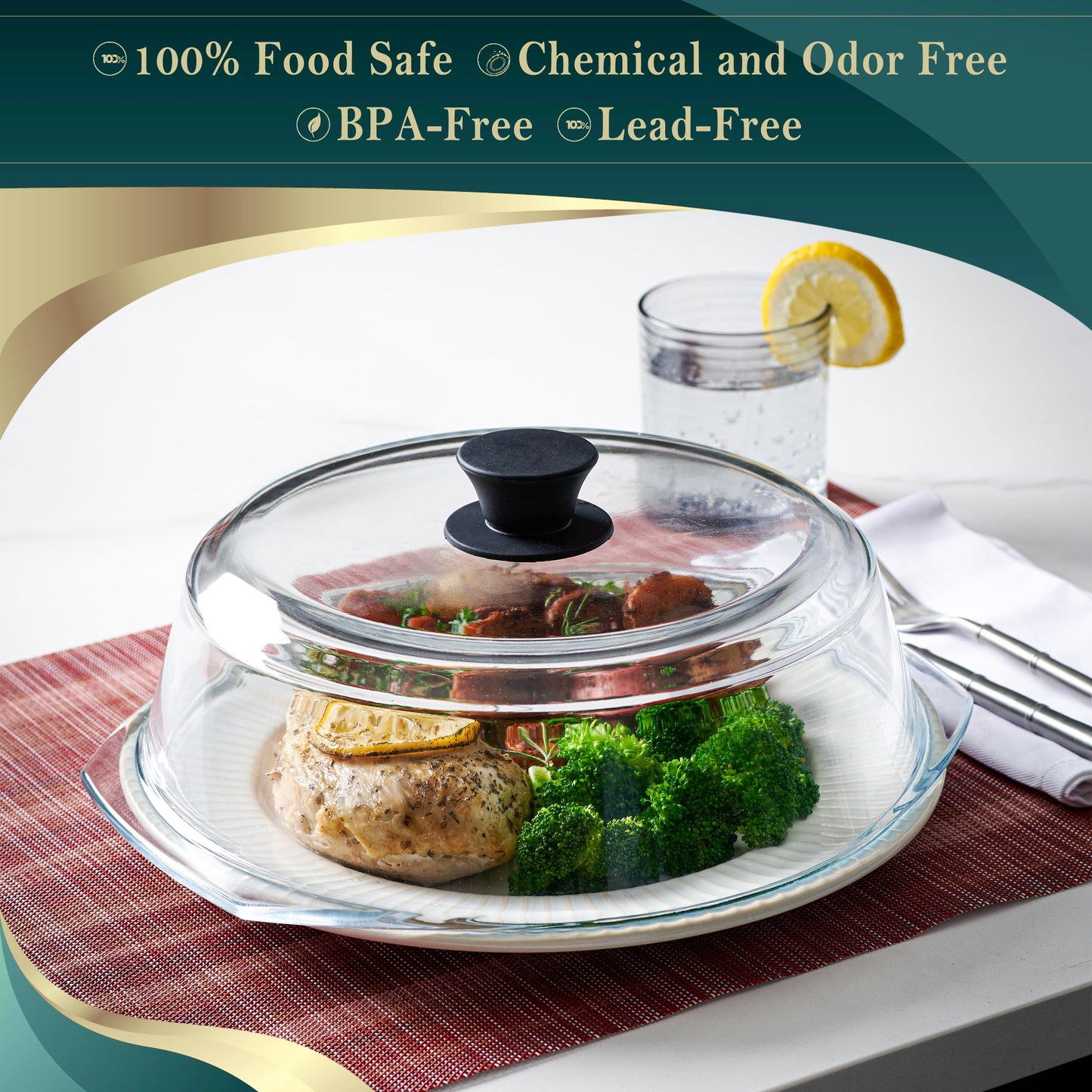 Le’raze Tall Glass Microwave Splatter Cover for Food - Cookware & Bakeware Serving Dish Cover, Plate Guard Lid with Easy Grip Silicone Handle Knob - 100% Food Grade BPA Free & Dishwasher Safe - 10in
