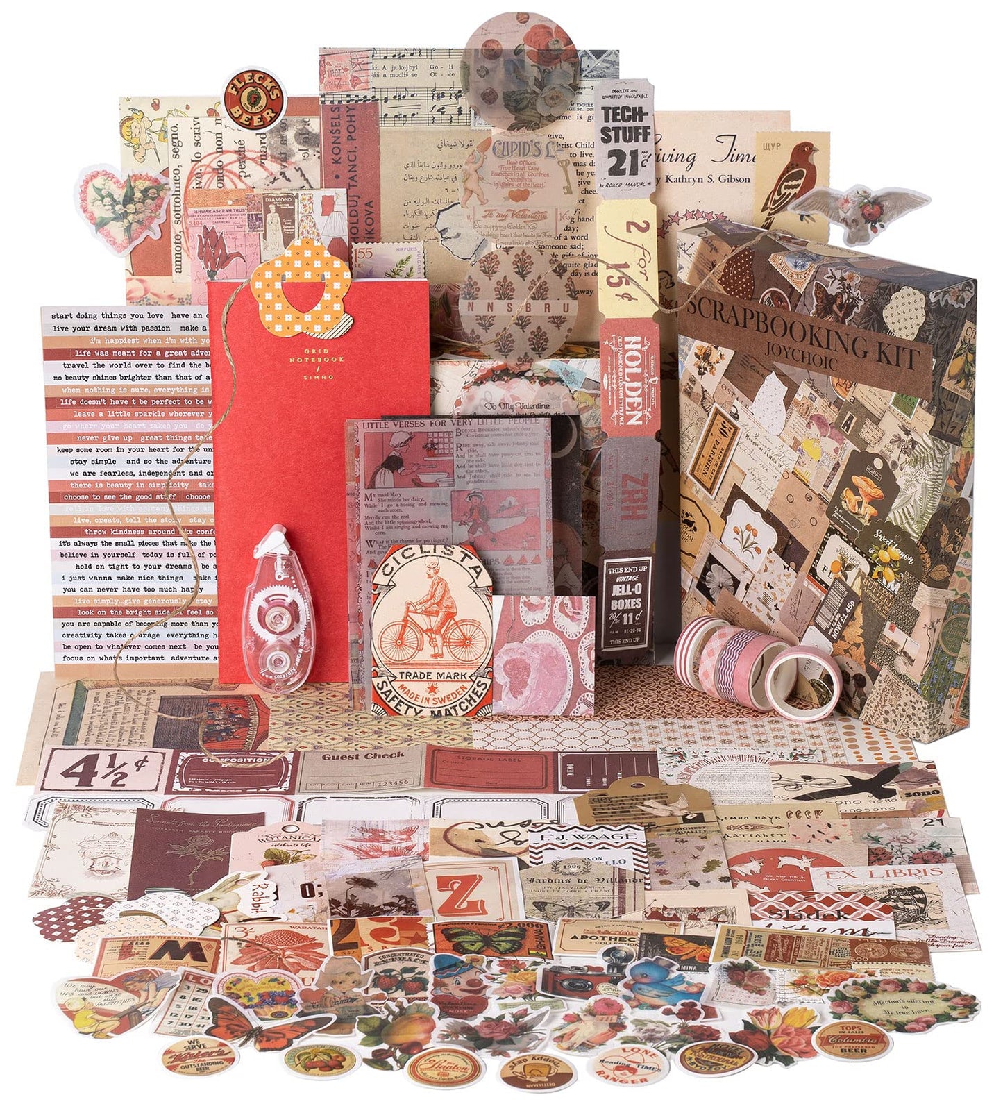 JOYCHOIC Vintage Scrapbook Supplies Aesthetic Journaling Kit, Scrapbook Papers Quote Stickers TN Notebook Large Collection for Bullet Junk Journal, Planner DIY Arts Craft Collage