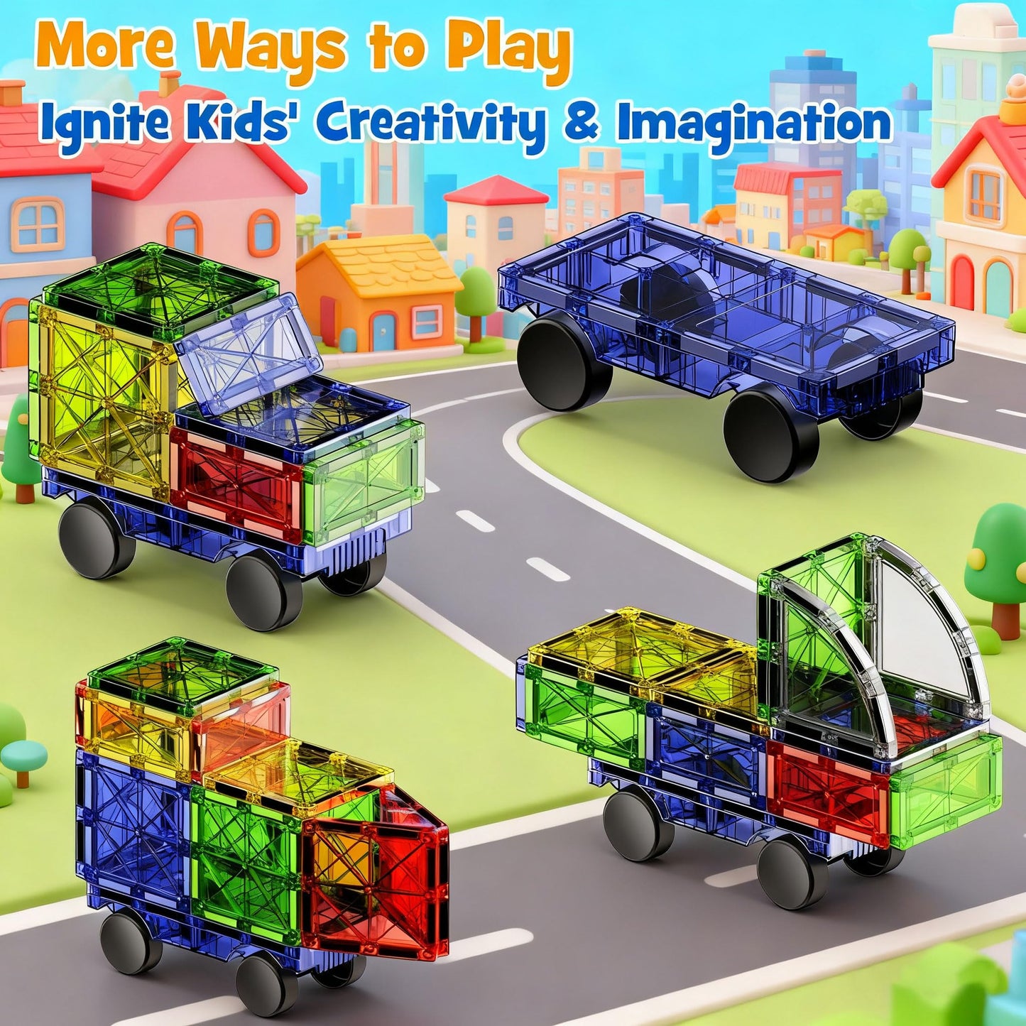 WMXDU 2-in-1 Dynamic Magnetic Downhill & Race Track Set - 40PCS Expandable Magnetic Tiles with Car for Creative STEM Play The Ultimate Travel Toy & Gift for Kids Ages 3-8 (40pcs-Race Set)