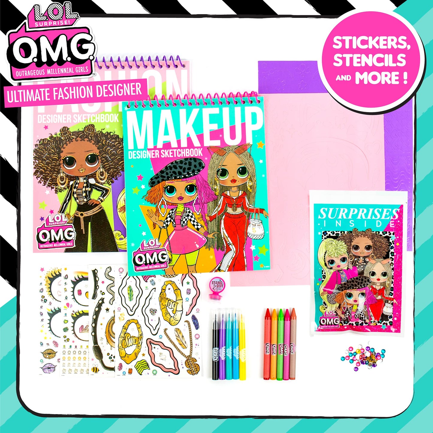 LOL Surprise! OMG Flawless Fashion Sketchbook by Horizon Group USA, DIY Craft Kit, Learn Pattern Making & Drawing, Includes Sketchbook, Stencils, Art Pages, Repositionable Stickers & More