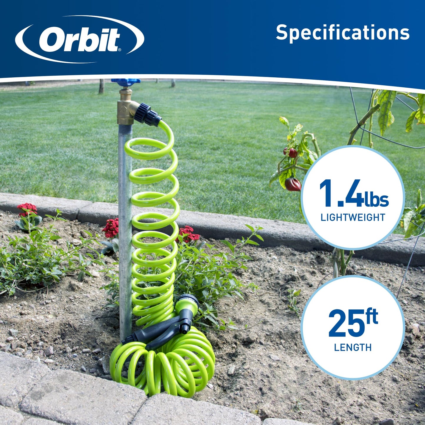 Orbit 26380 Coil Garden Hose, 25 Feet, with 8-Pattern Hose Nozzle (Green)