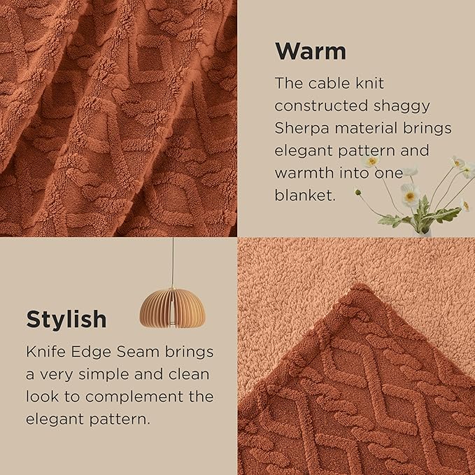 Bedsure Sherpa Fleece Blanket Twin Size for Bed - GentleSoft Fluffy & Cozy Cable Jacquard Tufted for Women Gift, Thick and Warm Blankets for Winter, Orange, 60x80 Inches