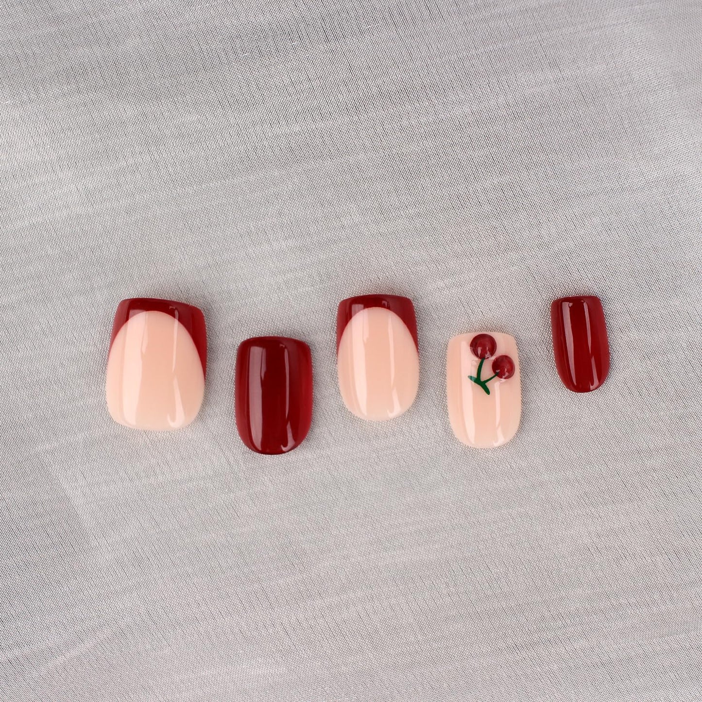 Mivota Cherry Press On Nails Short Square Shape Glossy French Tip Fake Nails with 3D Cherry Design, 30PCS Reusable Acrylic Stick On Nails, Cute Red & Pink False Nails for Women