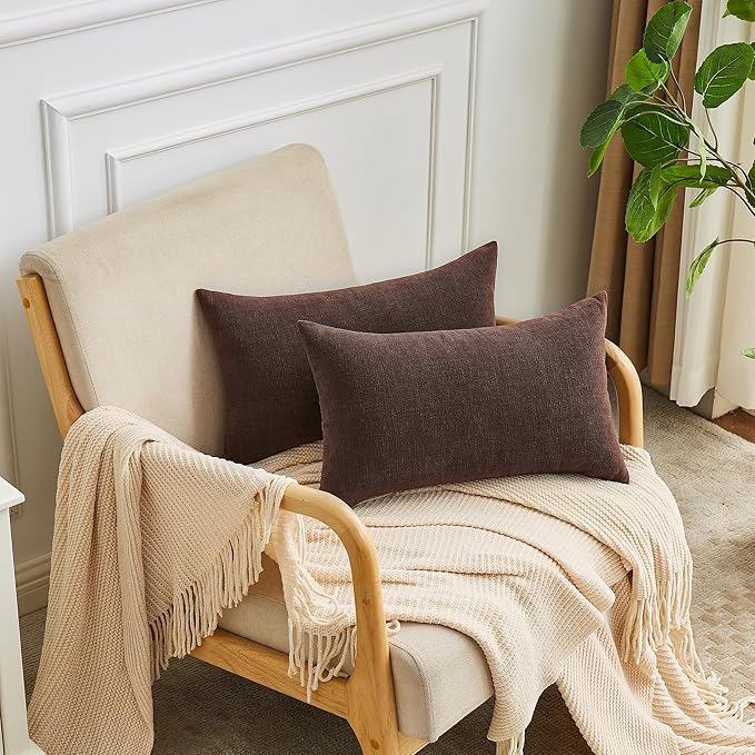 GAWAMAY Lumbar Decorative Throw Pillow Covers 12"x20" Inch Set of 2, Super Soft Chenille Rectangle Pillowcase for Living Room Bedroom Sofa Couch Cushion Support Pillow Cover 30x50cm Coffee (No Insert)