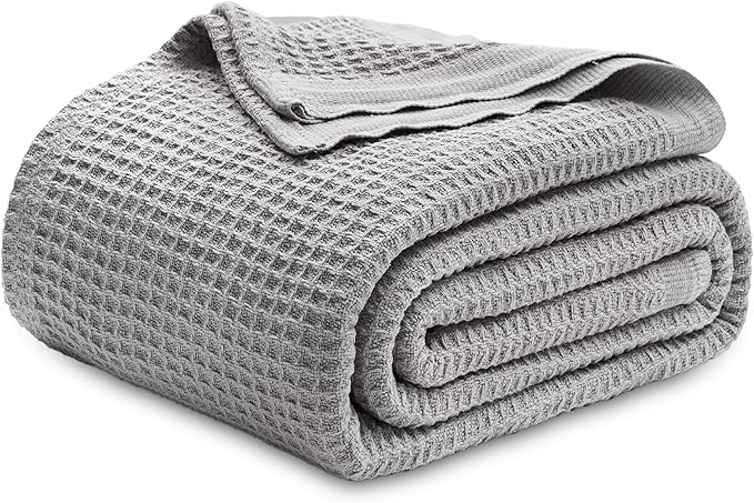 Bedsure 100% Cotton Blanket King Size for Bed - Breathable and Soft, Waffle Weave Blanket for Summer Spring, Grey, 104x90 inches