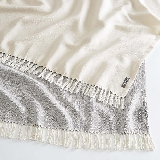 Vera Wang - Throw Blanket, Luxury Cotton Bedding, Lightweight Home Decor for All Seasons (Twill Fringe Charcoal Grey, Throw) 50" x 60"